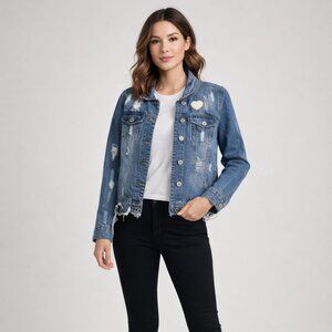 Excuse Distressed Denim Jacket Women Medium Embroidered Heart Trucker Jacket Y2K